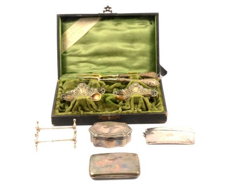 A set of German white metal salts, spoons and pickle forks, stamped 800, clear glass inserts to salts, in original Emil Leich