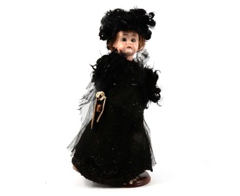  Heubach Ernst, Germany, bisque head doll, fixed eyes, open mouth, composition body, with black beaded dress with feather sou