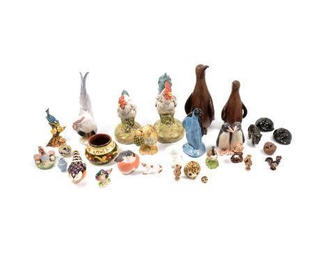 Royal Copenhagen cockerel; penguin; robin; Royal Crown Derby robin, silver stopper; Beswick Beatrix Potter tortoise; Swedish 