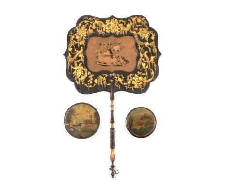 Regency papier-mâché face screen, with a petit point needlework, panel, parcel gilt and ebonised handle, 41cm; and two contin