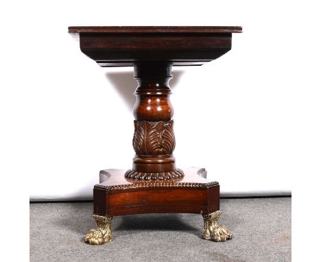 Regency rosewood pedestal lamp table, adapted, square top, carved column on an incurved plinth, cast metal paw feet, width 44