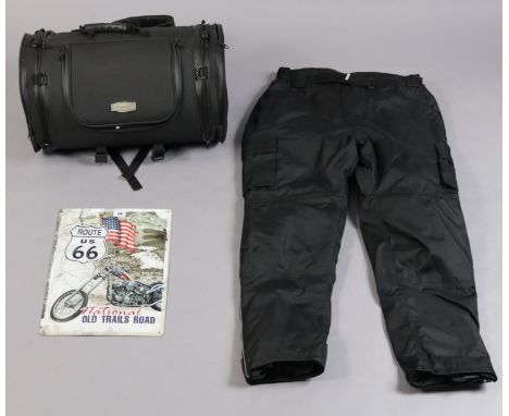 A Kurakyn motorcyclist’s bag; a pair of heavy-duty waterproof motorcyclist’s leggings, both as-new; &amp; a modern Harley Dav
