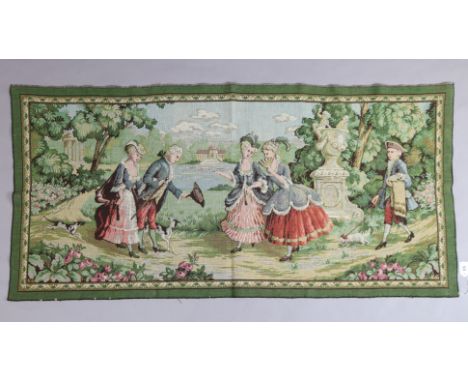 A vintage French-style tapestry depicting numerous figures in a garden setting, 140cm x 68cm. 