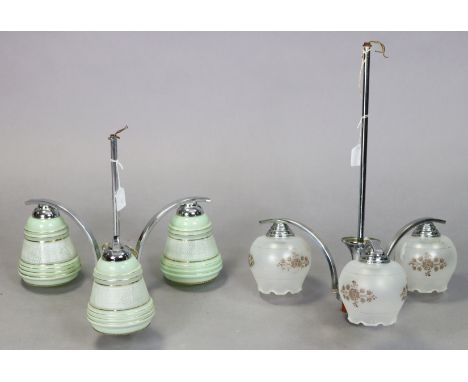 Two art-deco chrome three-branch ceiling light fittings, one with bakelite centre (the other replaced with wood), with matche