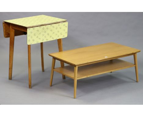 A light oak rectangular two-tier low coffee table on round tapered legs, 97.75cm wide x 40.5cm high x 50cm deep; &amp; a retr