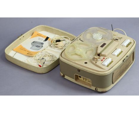 A vintage Cossor reel-to-reel tape recorder in a cream &amp; light grey case (Type CR 1601). 