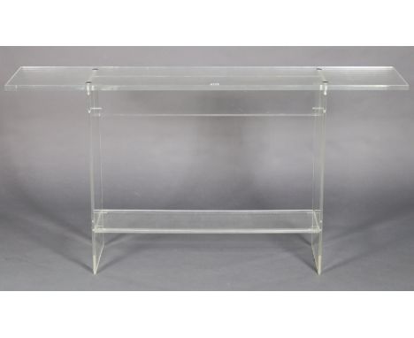 An acrylic console table having a rectangular top, &amp; on square supports with an open under tier 148cm wide x 76cm high x 