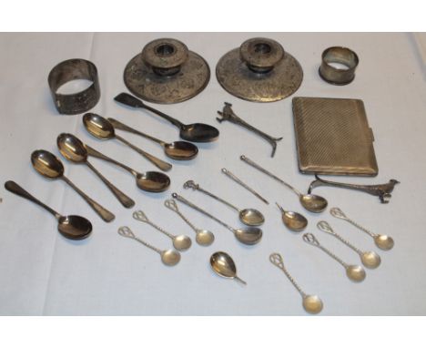 A silver rectangular cigarette case, Birmingham marks; a small selection of various silver tea spoons, silver oval bangle, pa