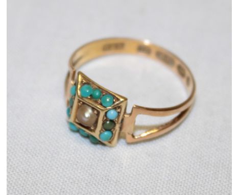 A 15ct gold dress ring set a central pearl flanked by turquoise (1.9g)