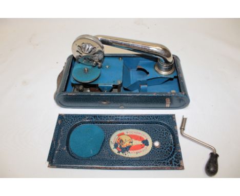 An unusual vintage Eastern European portable gramophone by MGM in tinplate fitted case, 11" long