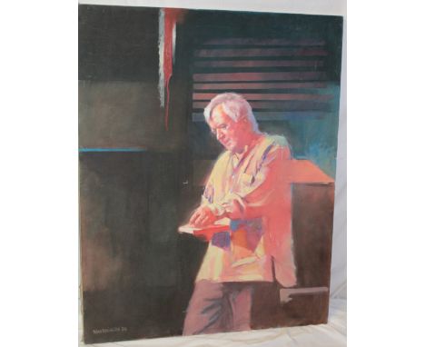 Brian Denington - oil on canvas/boardThree-quarter length self portrait of the artist at work, signed and dated '99, 48" x 38