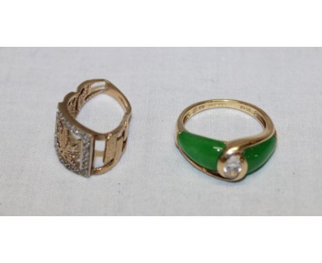 A 14ct gold dress ring set a single diamond and jade panel (4.2g) and a damaged 9ct gold dress ring (4g) (2)