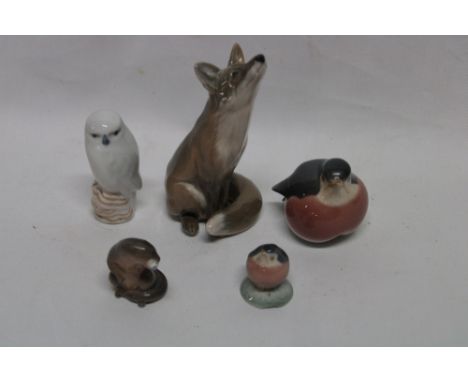 Five various Royal Copenhagen china figures including seated fox, robin, owl, miniature robin and miniature otter (5)