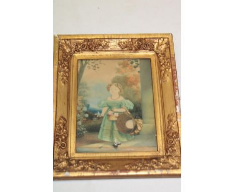 Artist unknown - watercolourAn early 19th century portrait of a child within a landscape, 8" x 6" in ornate gilt frame