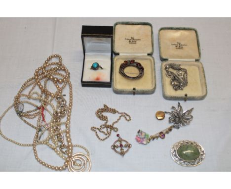 A selection of various costume jewellery including 9ct gold pendant, silver and turquoise dress ring, brooches etc