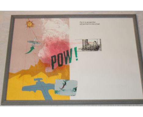 A coloured modernist print "Put it in Perspective - Self Portrait in Time of War"after Jonathan Hooper, framed and glazed