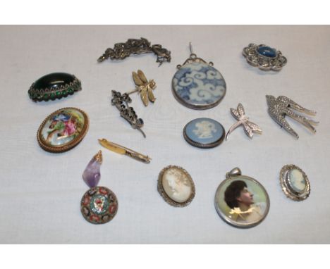 A selection of various decorative dress brooches and jewellery including portrait enamelled pendant, dragonfly brooches and o