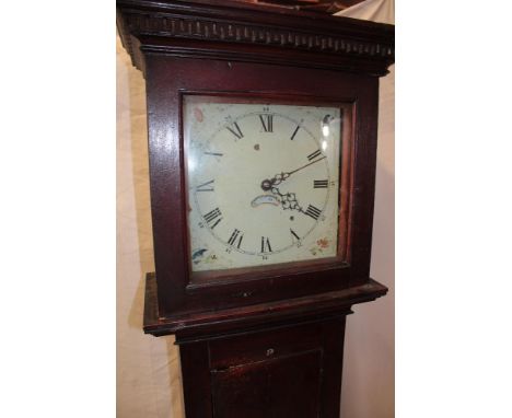 A 19th century longcase clock with 11" painted square dial and 30-hour movement in stained traditional case