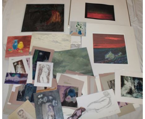 Ian Laurie - A selection of various unframed watercolours, acrylics, figure decorated etchings, various artist sketch books, 