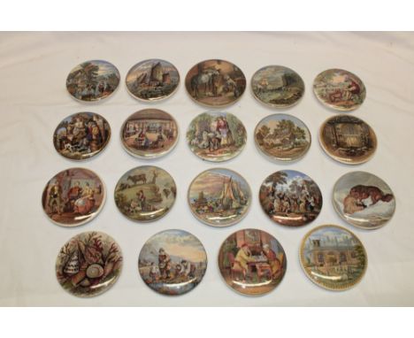 A collection of 19 Victorian Prattware circular pot lids including "The Snow Drift/The Room in which Shakespeare was born/The