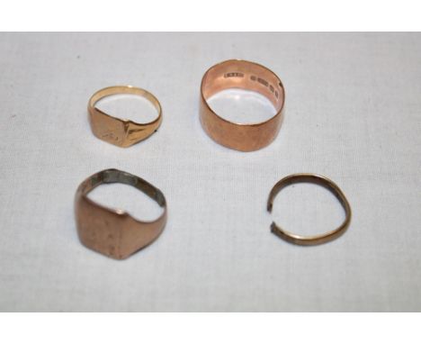 A 9ct gold plain wedding band, small 9ct gold signet ring, damaged 9ct gold wedding ring and one other damaged 9ct gold signe