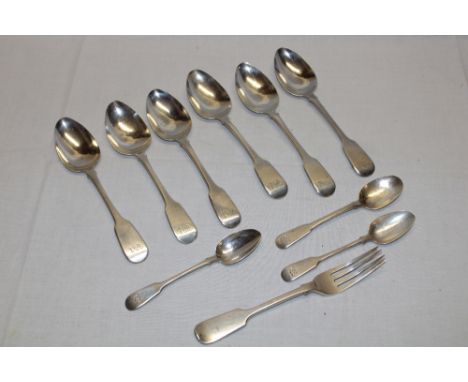 A set of six George III silver "fiddle" pattern dessert spoons, London marks 1817; George III silver "fiddle" pattern dessert