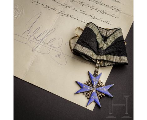 Oberstleutnant Erich Böhme – Orden "Pour le Mérite" mit Verleihungsurkunde  Kriegsfertigung aus vergoldetem Silber mit der fü