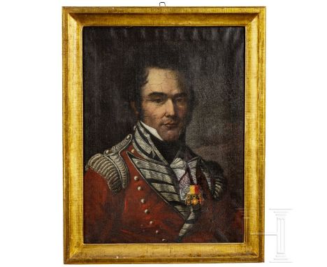 Hauptmann Edmund Tugginer im de Roll's Regiment – Portraitgemälde, datiert 1821  Öl auf Leinwand. Brustportrait in Uniform mi