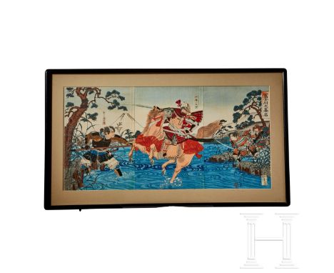 A print of a Samurai battle by Nobukazu  Color Meiji woodblock print by Japanese artist “Nobukazu”, dated 1897, depicting Tok