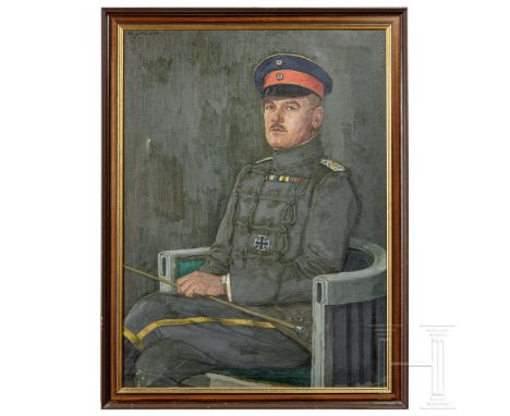 Portraitgemälde eines Majors der Husaren  Öl auf Leinwand, mit Darstellung des in einem Stuhl sitzenden Offiziers in feldgrau