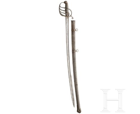 Säbel für Kavallerieoffiziere, um 1850  Breite, geschwungene Steckrückenklinge mit Schör und beidseitigen Trophaenätzungen (v