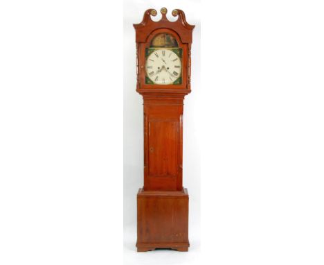 NINETEENTH CENTURY STAINED PINE LONGCASE CLOCK,  the 13" painted Roman dial, with subsidiary dial and aperture, enclosed by f