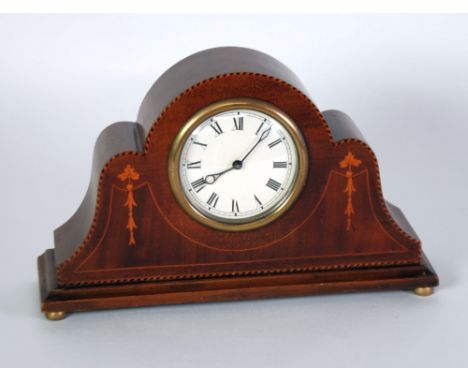 EARLY TWENTIETH CENTURY INLAID MAHOGANY MANTEL CLOCK, the 3 1/4" Roman dial powered by a wind-up spring driven movement, hous