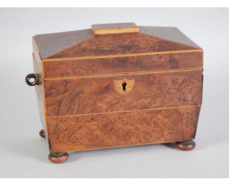 19th CENTURY YEW WOOD TEA CADDY OF SARCOPHAGUS FORM with bun feet and twin lidded interior, outlined in boxwood, lacks died l