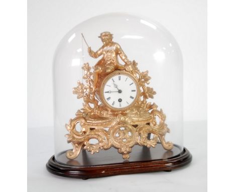 S. MARTI AND CIE, FRENCH EARLY TWENTIETH CENTURY GILT METAL FIGURAL MANTEL CLOCK, under glass dome, the 3 1/4" Roman dial (cr