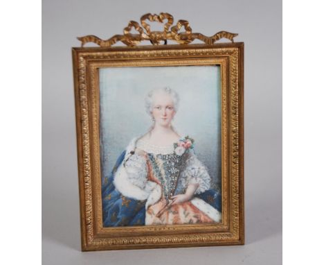 P. BLAISOT, PORTRAIT MINIATURE OF A LADY IN PERIOD PRESS, in jewelled bodice with corsage and fur-lined cape, rectangular, 12