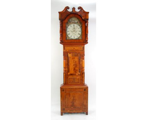 EARLY NINETEENTH CENTURY FIGURED MAHOGANY AND INLAID LONGCASE CLOCK, signed William Buxton, Bishop Auckland, the 13" painted 