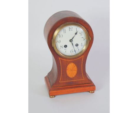 EDWARDIAN INLAID MAHOGANY BALLOON CASED MANTEL CLOCK, the 4 1/4" Arabic dial powered by an eight day movement striking on a g