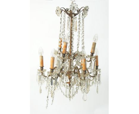 EARLY TWENTIETH CENTURY GILT METAL AND CUT GLASS NINE LIGHT ELECTROLIER, two tiered and with beaded swags and pendants and pr