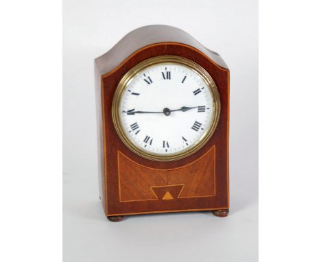 EARLY TWENTIETH CENTURY LINE INLAID MAHOGANY MANTEL CLOCK, the 3 1/4" Roman dial powered by a French wind-up spring driven dr