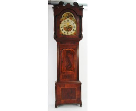 EARLY NINETEENTH CENTURY INLAID FIGURED MAHOGANY ROLLING MOONPHASE LONGCASE CLOCK, the 15" painted dial decorated with a rura