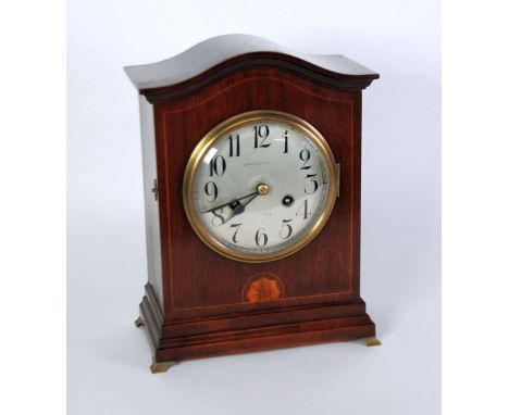 LISTER HORSFALL, HALIFAX EARLY TWENTIETH CENTURY INLAID MAHOGANY MANTEL CLOCK, the 5 3/4" silvered Arabic dial powered by an 