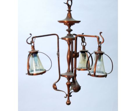 POSSIBLY BENSONS, ARTS AND CRAFTS THREE LIGHT COPPER AND VASELINE GLASS ELECTROLIER, the central slender stem enclosed by thr