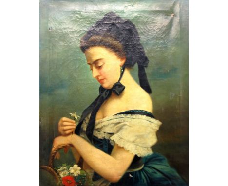 SCHUTTE (CONTINENTAL 19TH CENTURY) OIL PAINTING ON CANVAS Bust length portrait of a lady holding a flower Signed lower right 