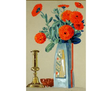 NANCY PICKUP GOUACHE DRAWING ON BUFF PAPER Still life - Art Deco pottery jug of chrysanthemums with a brass candlestick and c