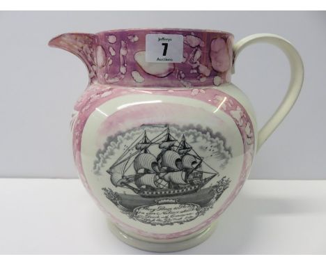 SUNDERLAND LUSTRE 9" large jug decorated with ships portrait and Sailors Farewell verse (slight defects) 