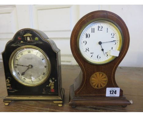 BEDROOM CLOCKS, inlaid mahogany balloon shape bedroom clock, together with chinoiserie lacquered bedroom clock by Elliott.