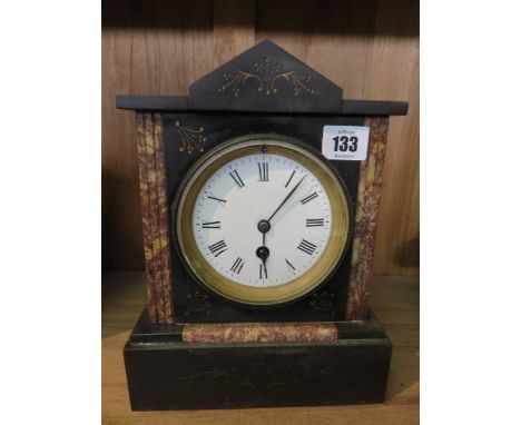 BLACK MARBLE MANTEL CLOCK, Edwardian inlaid marble architectural design mantel clock 10" high