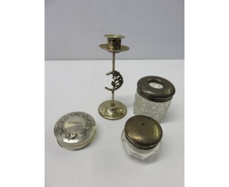 VANITY JARS, HM silver lidded hair tidy and vanity jar, also embossed lid stud box and silver rosebud design dressing table c