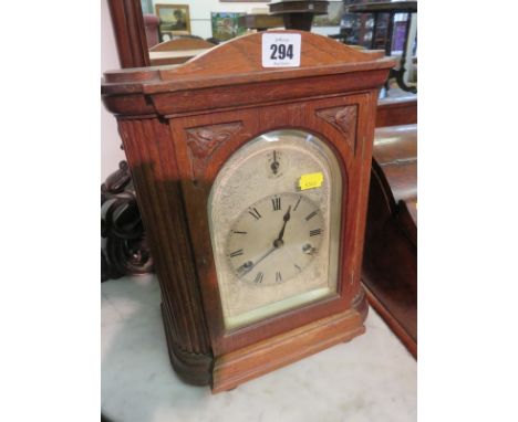 EDWARDIAN BRACKET CLOCK, oak cased bracket clock with bevelled glass front, silent/chime movement & coil bar strike, 14" high